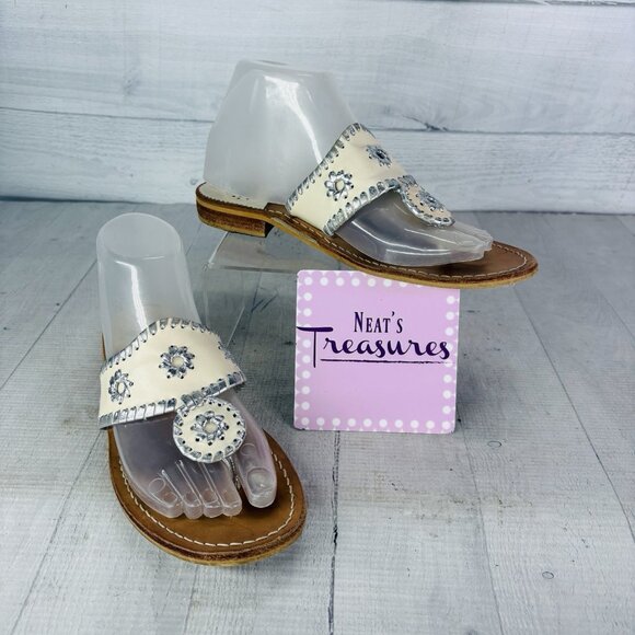Jack Rogers PALM BEACH Beige Silver Whipstitch Thong Flip Flops Sandals Sz 8 M - Picture 1 of 16